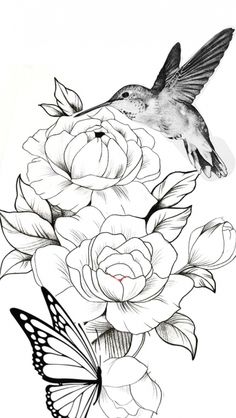 a black and white drawing of a hummingbird sitting on flowers with a butterfly nearby