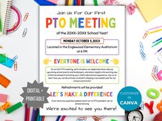 a flyer for an event with school supplies around it