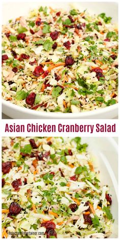 Asian Chicken Cranberry Salad, a delicious salad or main dish that is popular at any potluck or holiday party! Made with rotisserie chicken, cranberries, sliced almonds, and sesame sticks, and a tasty Asian dressing. #asiansalad #chickensalad via @sandycoughlin Chicken Cranberry Salad, Chicken Cranberry, Cranberry Salad Recipes, Asian Chicken Salads, Cranberry Salad, Yummy Salads, Asian Chicken, Yummy Salad Recipes, Recipes Salads