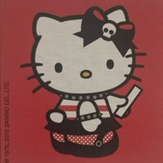 an image of a hello kitty car with skull on it's head and red background