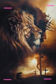 a painting of a lion and a person kneeling down in front of a crucifix