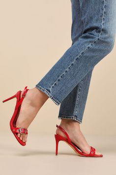 The Lulus Cleore Red Slingback Buckle High Heel Sandals are majorly iconic and will enhance any of your favorite OOTN! Crinkled faux leather shapes these too-stunning heels that feature a single sole silhouette, a rounded footbed, and a wide toe strap accented with silver grommets and a buckle-like detail. An adjustable, slender slingback strap secures with a dainty buckle, all atop a seriously sexy stiletto heel. 3. 5" stiletto heel. Cushioned insole. Rubber sole has nonskid markings. Man made Stunning Heels, Suede Slides, Low Heel Sandals, Size 11 Heels, Sandal Heels, Buckled Heels, Heel Sandal, Red Suede, Slingback Sandal