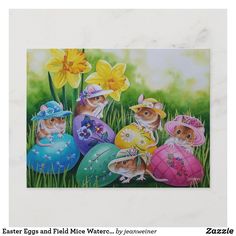 a painting of mice in easter eggs with daffodils