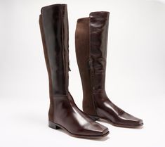 From work to weekend, this tall leather boot will be an instant fave. Wear it with skinny jeans, leggings, a wrap dress, or pencil skirt -- the stretchy neoprene back ensures comfort when you rock this timeless style. From Vince Camuto. Tall Leather Boots, Jeans Leggings, Leather Boot, You Rock, Stacked Heel, Timeless Style, Vince Camuto, Leather Boots, Timeless Fashion