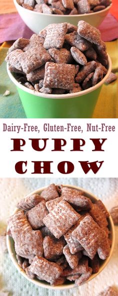 two bowls filled with puppy chow on top of a colorful table cloth and the words dairy free, gluen - free, nut - free, nut - free puppy chow