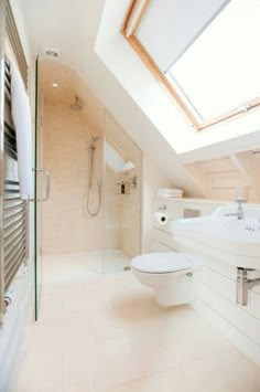 a bathroom with a skylight and white fixtures