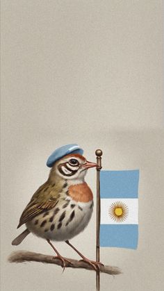 a small bird perched on top of a pole with a flag in front of it