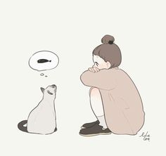 a woman sitting on the ground next to a cat with a thought bubble above her head