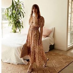 Free People Ellie Floral Maxi Dress. New With Tags Measurements Are Included In The Pictures. Feminine Brown Spring Dress, Bohemian Brown Floral Print Midi Dress, Bohemian Apricot Maxi Dress, Bohemian Apricot Dress With Floral Print, Brown Bohemian Dress For Brunch, Bohemian Fitted Beige Midi Dress, Fitted Brown Maxi Dress For Garden Party, Gauzy Dress, Free People Maxi