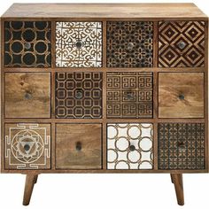 a wooden cabinet with many different designs on it