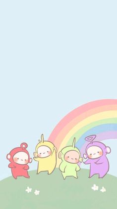 three cartoon characters standing in front of a rainbow