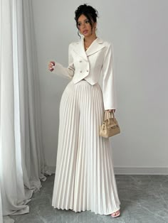 2pcs Set: Women Elegant Cinched Waist Double-Breasted Jacket And Wide-Leg Pleated Pants Beige Elegant  Long Sleeve Fabric Plain  Non-Stretch  Women Clothing, size features are:Bust: ,Length: ,Sleeve Length: Commuter Style, Racing Fashion, Chique Outfit, Chic Dress Classy, White Suit, Women Office, Looks Chic, Fashion Tips For Women, Style Mistakes