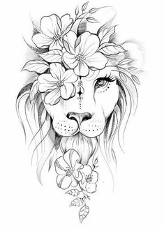 a drawing of a lion with flowers on its head