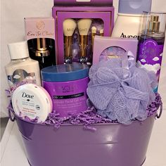 a purple bucket filled with lots of beauty products