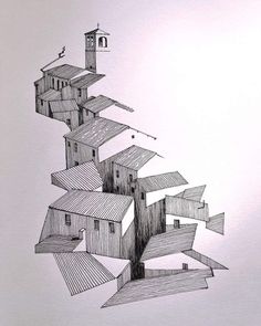 a drawing of a tower with many houses on it