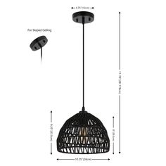 an image of a black pendant light fixture with measurements for the size and widths