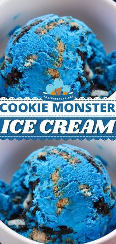 two bowls filled with blue ice cream and the words cookie monster ice cream above them