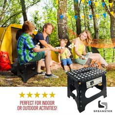 a family sitting on a bench next to a campfire with the caption perfect for indoor or outdoor activities