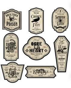 six different labels for various types of items in the shape of an oval and square