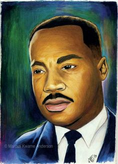 a drawing of martin luther king in blue suit and white shirt with a black tie