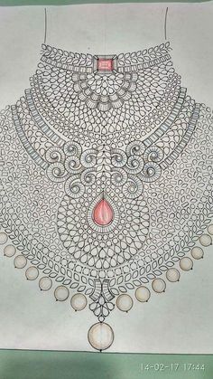 a drawing of a necklace with pearls and stones on it's neck, in white paper