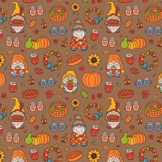 a brown background with pumpkins, apples, and gnomes in autumn colors on it