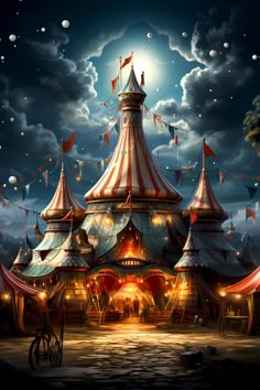 an artistic painting of a circus tent at night with lights and flags flying in the sky