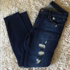 Dark Wash Denim Jeans Worn Once With Distressed Fabric On The Front Legs, And Smaller Distresses On The Back Pocket. Cut Off Bottoms With Slight Fringe. Slightly Stretchy Fabric, Yet Still Has Classic Denim Feel. Holey Jeans, J Brand Jeans, Distressed Denim Jeans, Dark Wash Denim, J Brand, Distressed Denim, Colored Jeans, Denim Jeans, Women Jeans