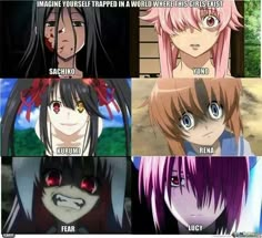 some anime characters with different expressions and sayings on their faces, including the caption for