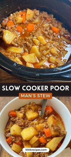 this slow cooker is full of meat, potatoes and carrots in a stew