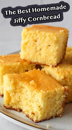 three pieces of cornbread on a plate with the words, the best homemade jiffy cornbread