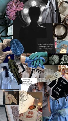 a collage of images with words and pictures on them, such as medical equipment