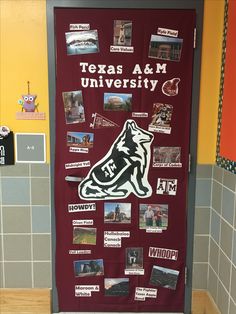 the door to texas a & m university is decorated with pictures and magnets on it