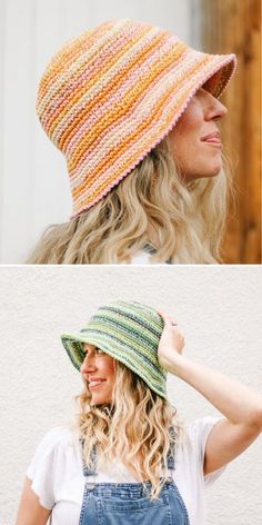 two pictures one with a woman wearing a hat and the other with a knitted hat