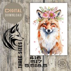 a fox with flowers on its head is shown in front of a wooden background and has the