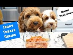 two dogs standing next to each other in front of a table with food on it