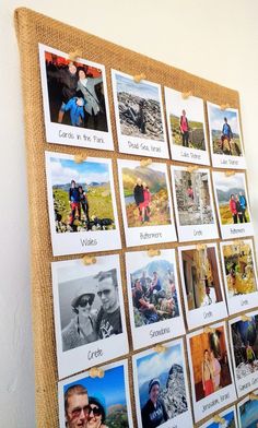 a bulletin board with pictures on it in front of a wall