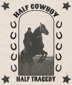 a black and white photo of a man riding on the back of a horse with stars around it