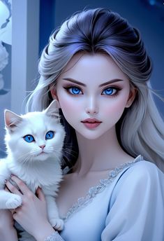 a beautiful woman holding a white cat in her arms and looking at the camera with blue eyes