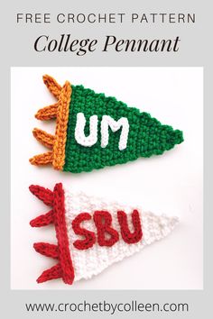 two crochet hats with the words um and college pennant written in red on them