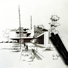 a pen and ink drawing of a house