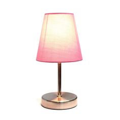 a pink lamp on a metal base with a light shade over it's head