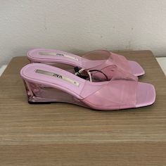 Zara Pink Clear Lucite Wedge Sandals Very Cute Fun Shoes For Your Collection. Pink Slip On Square Toe Medium Wedges Sole Extra Cushion--Very Comfortable Nwt New With Tag. Tag Has No Price. Never Worejust To Try On. Was A Gift But Too Small For Me. No Damage Or Flaws. Size 36 Wedge Measurement Refer To Pictures Above. Please Look At The Pictures And Video Carefully As These Are Part Of The Descriptions. Medium Wedges, Fun Shoes, Low Heel Wedges, Low Wedges, Zara Shoes, Try On, Nice Shoes, Wedge Heels, Wedge Sandals