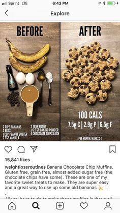 an image of the before and after pictures of chocolate chip muffins with bananas