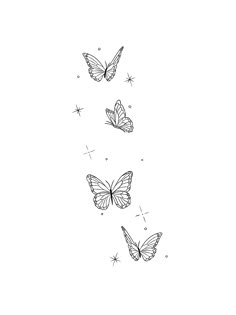 three butterflies flying in the sky with stars around them, one is black and white