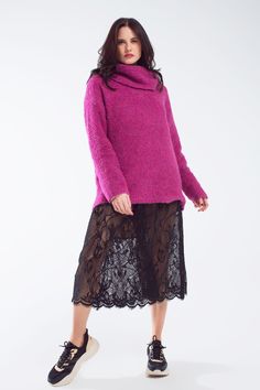 Q2 Wide sweater with bardot neck in magenta Midi Satin Skirt, Fluffy Knit, Bardot Neckline, Turtleneck Style, Color Magenta, Estilo Chic, Cozy Chic, Fuchsia Color, Satin Skirt