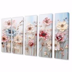 three panels with flowers painted on them