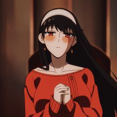 an anime character with long black hair wearing a red sweater and holding a glass in her hand