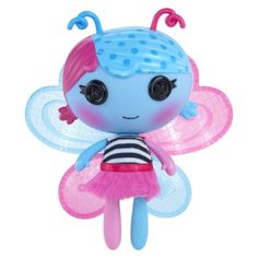 a small toy with a blue and pink butterfly on it's back, wearing a black and white striped shirt