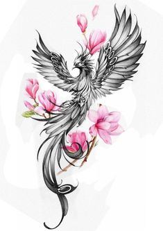 a drawing of a bird with pink flowers on it's body and its wings spread out